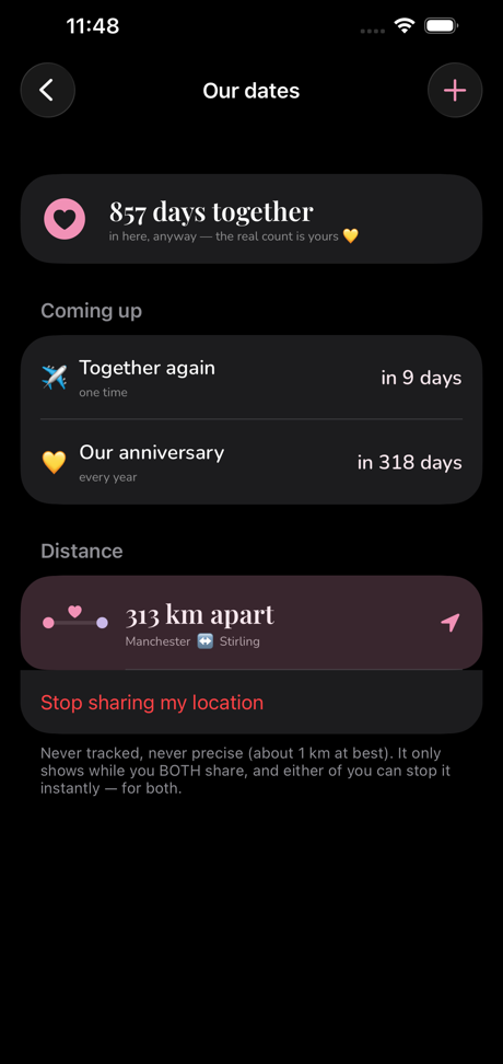 Our dates and distance screen in dark mode
