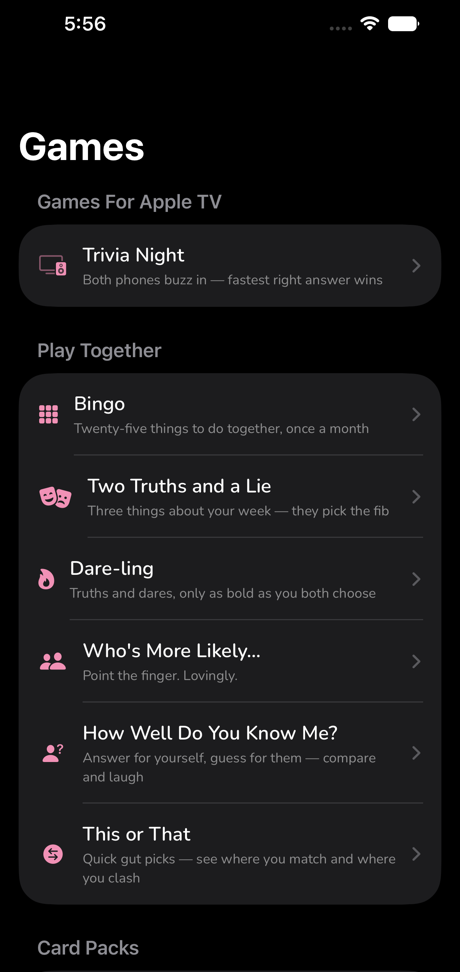 The games list in dark mode