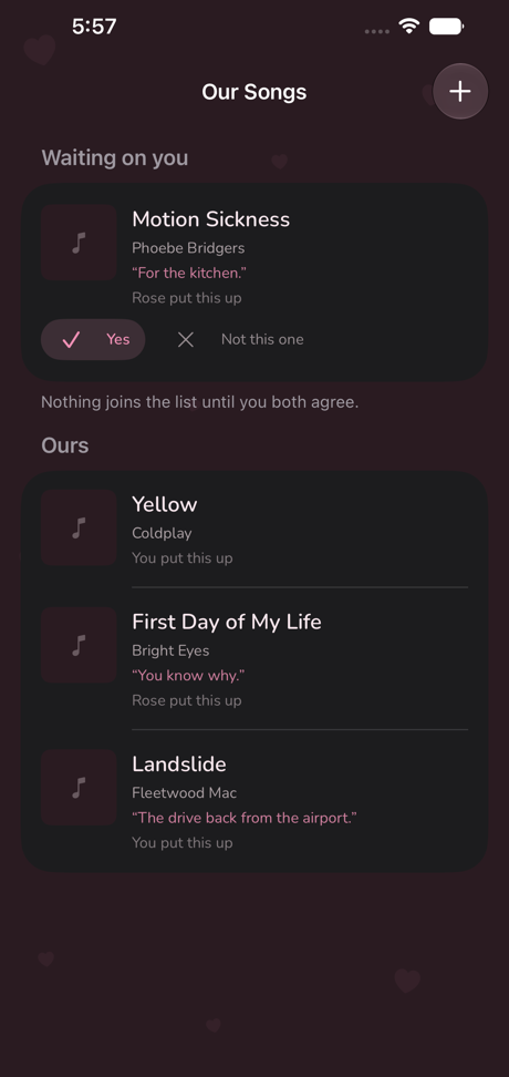 The songs list in dark mode