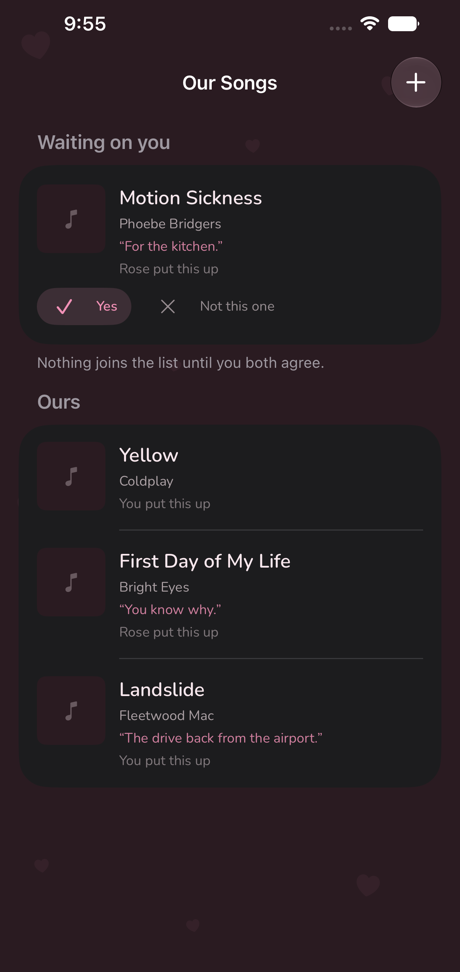 The songs list in dark mode