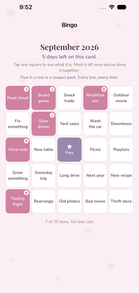 This month's bingo card