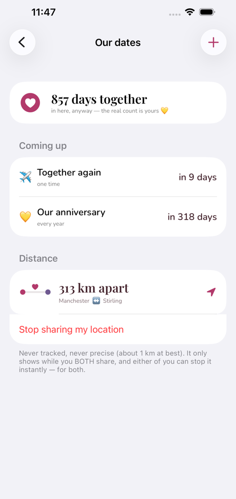 Our dates and distance screen
