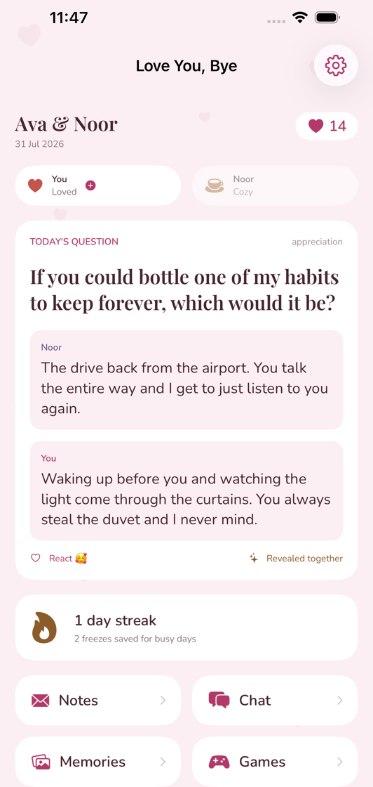 The Love You, Bye home screen: today's question, the distance between two people, and the countdown to the next time they meet